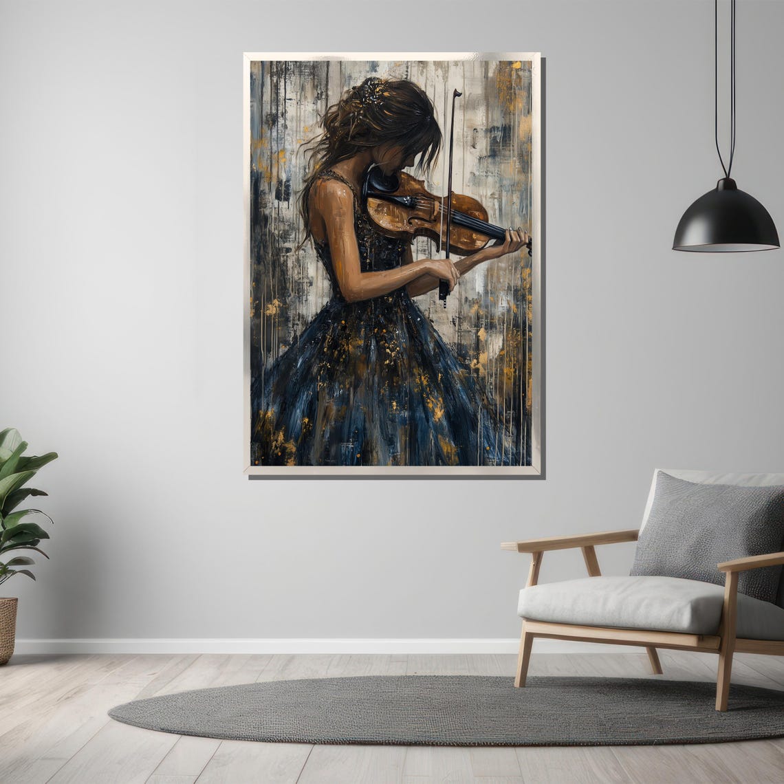 Violinist Woman in Dark Gown with Gold Accents Painting Poster - Image 3