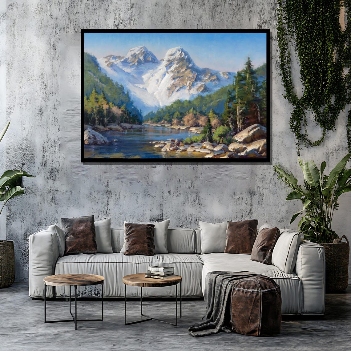 Snow Capped Mountain Peaks Reflected in Alpine Lake Painting Poster - Image 4