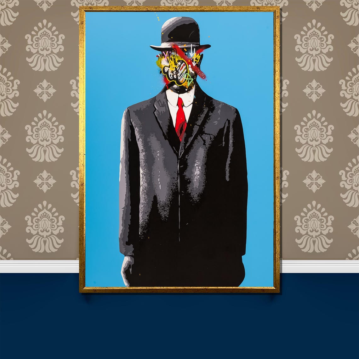 Magritte Inspired Bowler Hat Man Graffiti Face Surreal Poster