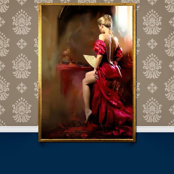 Elegant Lady In Red Gown Seated Romantic Oil Painting Poster