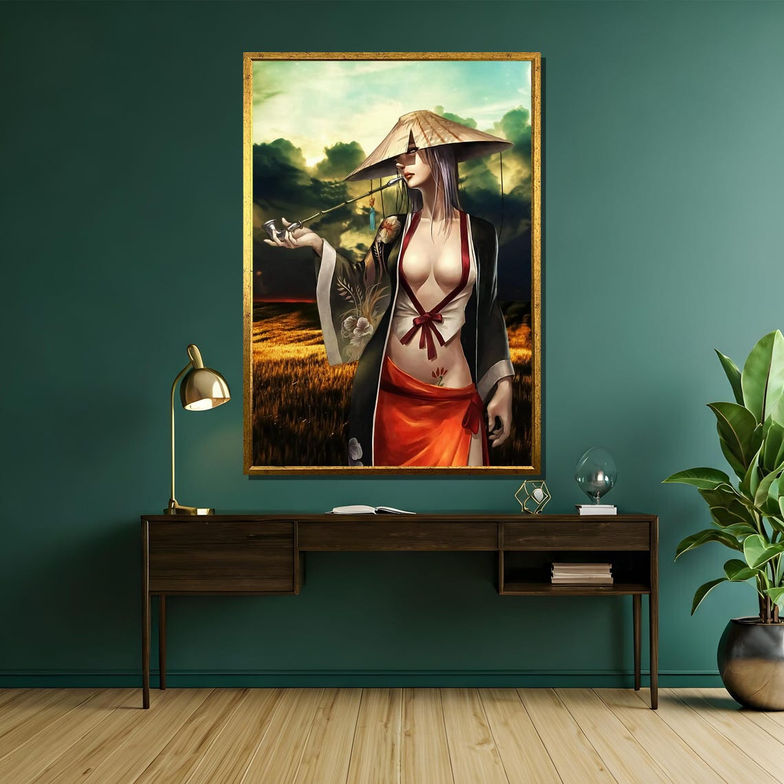 Anime Woman With Conical Straw Hat In Sunset Field Art Poster - Image 5