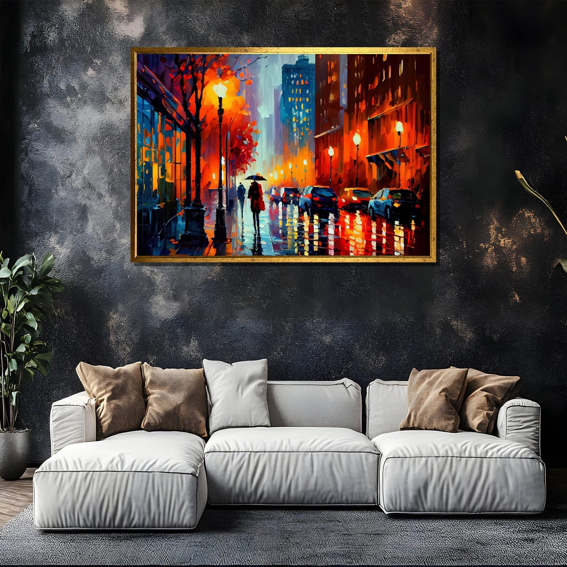 Rainy City Street at Night With Umbrella Figure Neon Painting Poster - Image 5