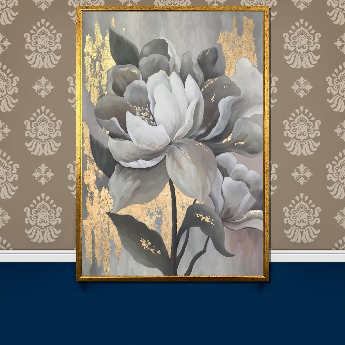Gray White Floral With Gold Leaf Accents Elegant Botanical Poster