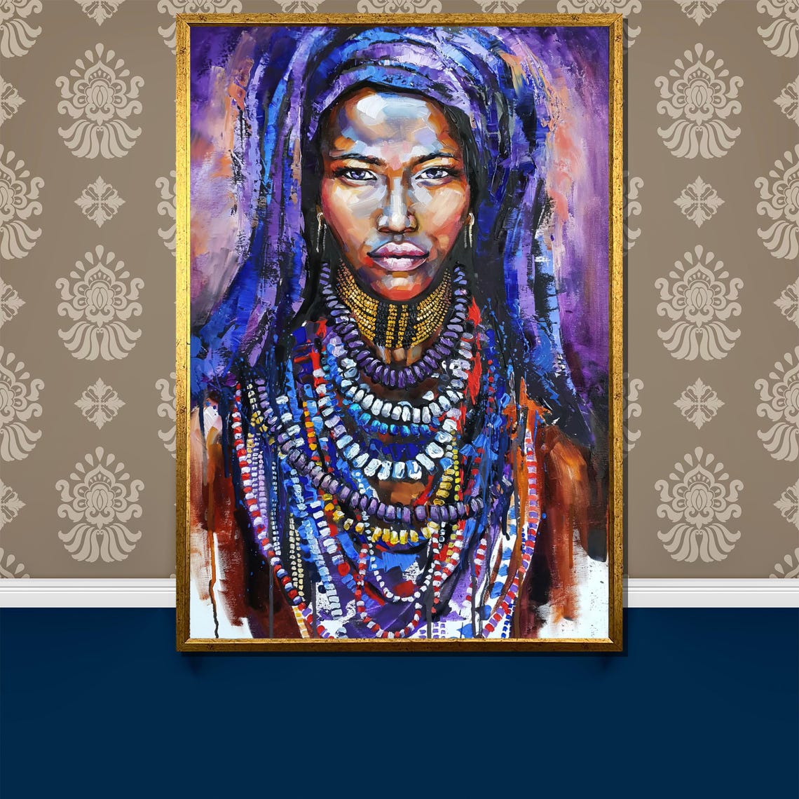Tribal Woman With Beaded Necklaces Blue Veil Painterly Art Poster