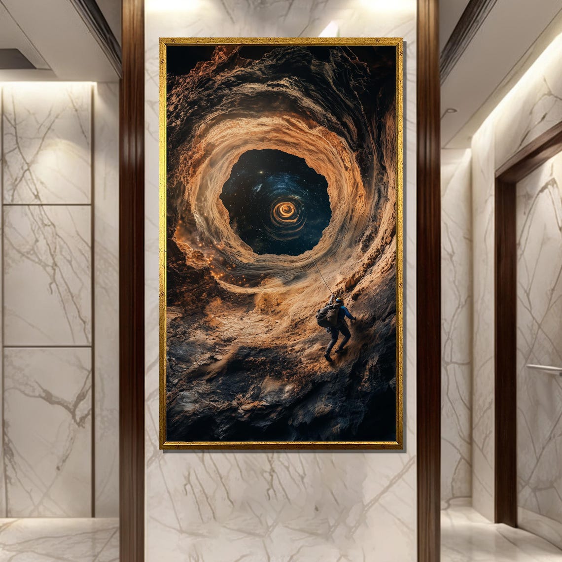 Explorer Descending Into a Cosmic Cave Portal Sci Fi Art Poster