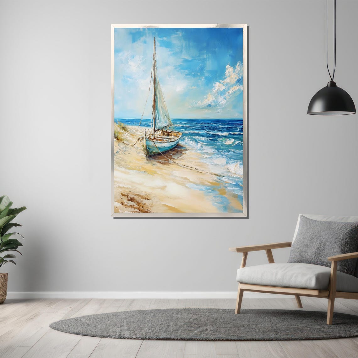 Tranquil Beach Painting With Abandoned Sailboat Coastal Seascape Artwork For Nautical Themed Wall Decor Gift - Image 3