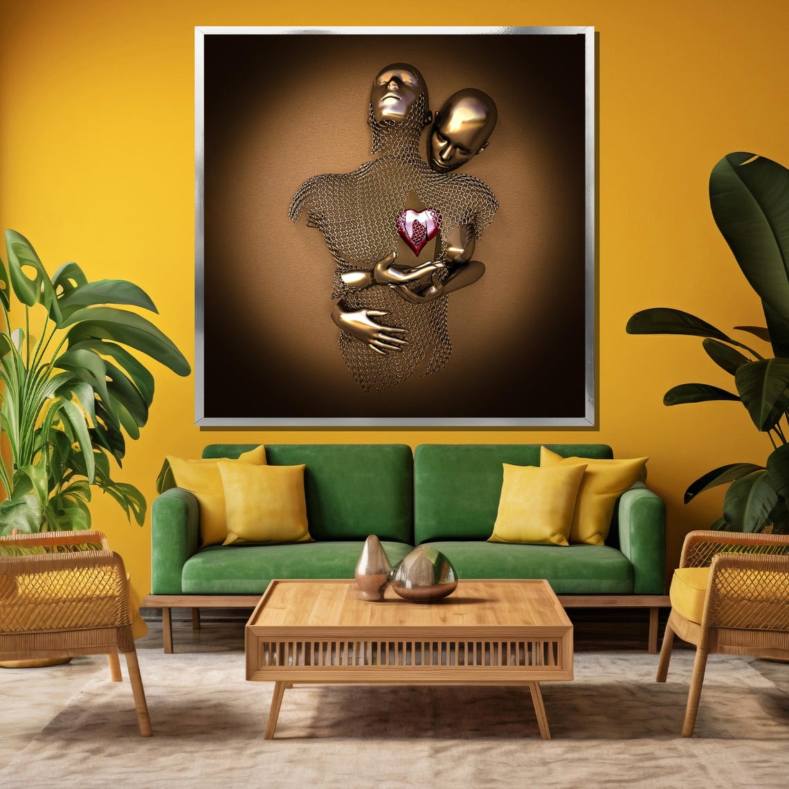 Golden Metallic Lovers Embrace With Glowing Heart Sculpture Poster - Image 3