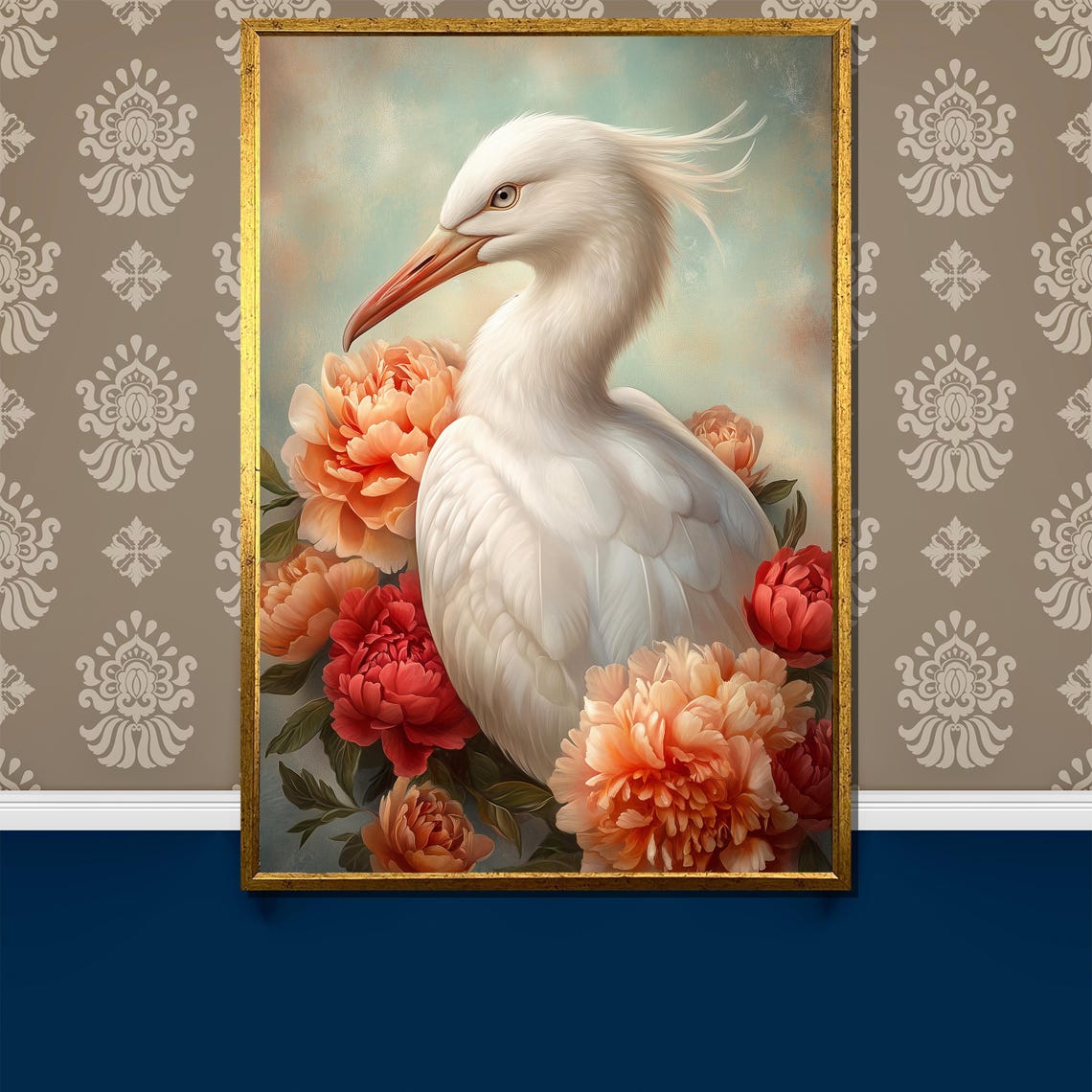 Soft Splendor White Egret Nestled Among Coral Peonies Art Poster
