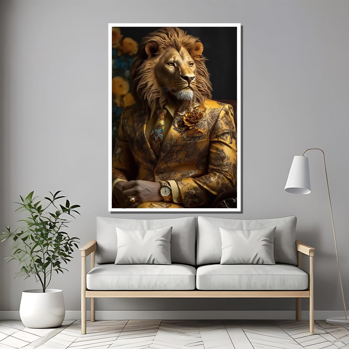 Regal Lion in Ornate Gold Suit with Watch Animal Portrait Poster - Image 2