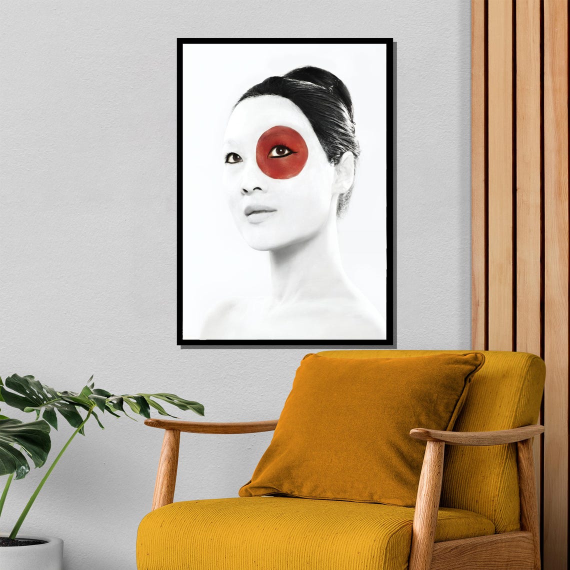 Black And White Japanese Woman Portrait Red Sun Eye Accent Poster - Image 4