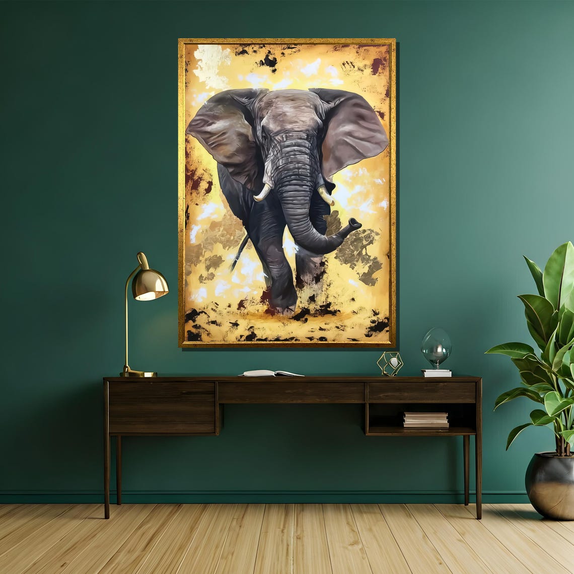 Powerful Charging Elephant On A Golden Abstract Backdrop Poster - Image 5