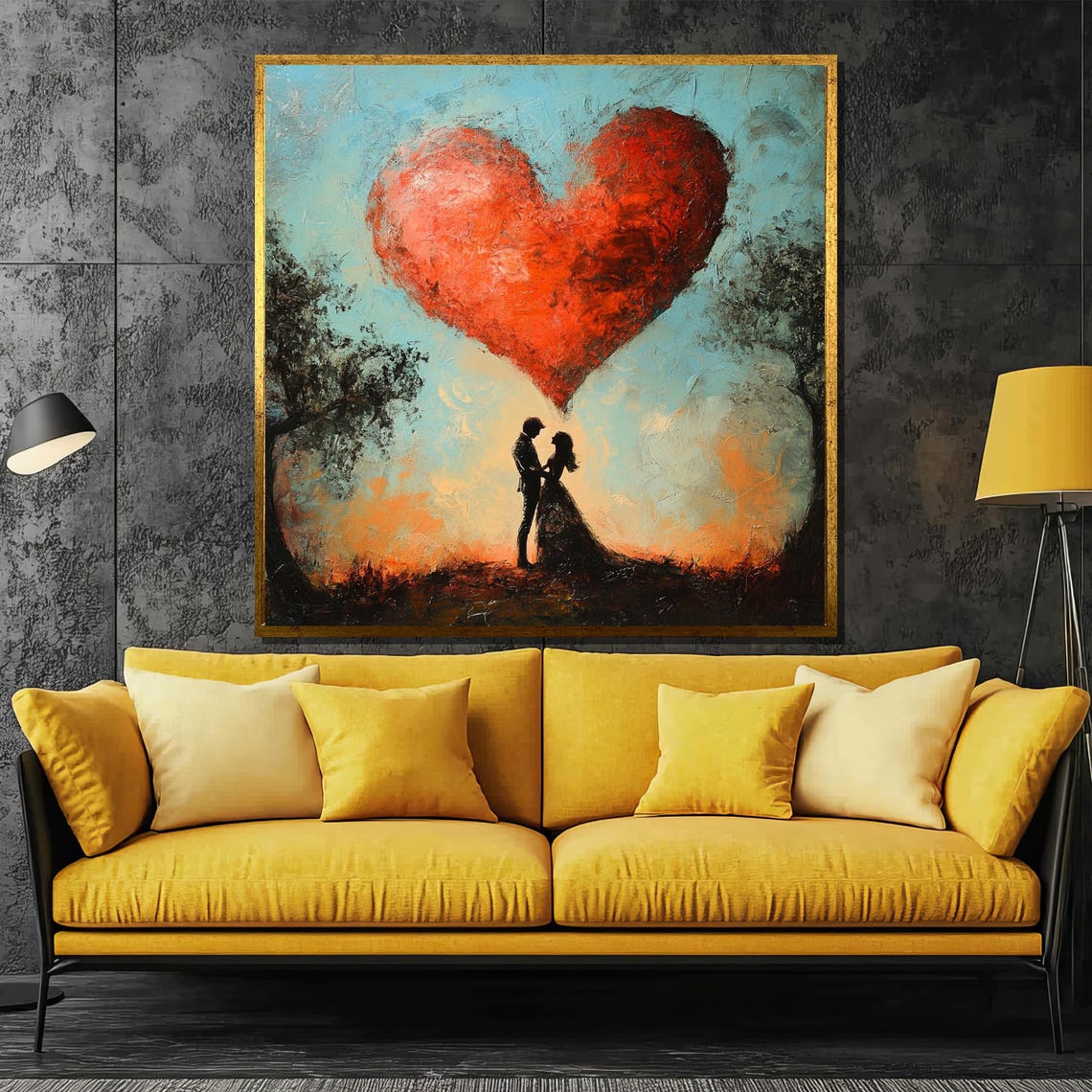 Couple Silhouette Under Giant Red Heart Romantic Love Art Poster