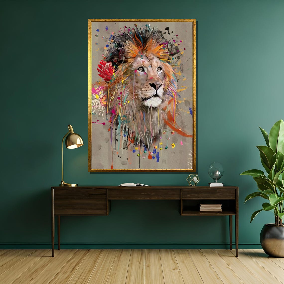 Vibrant Splash Paint Lion Portrait On Neutral Gray Backdrop Poster - Image 5