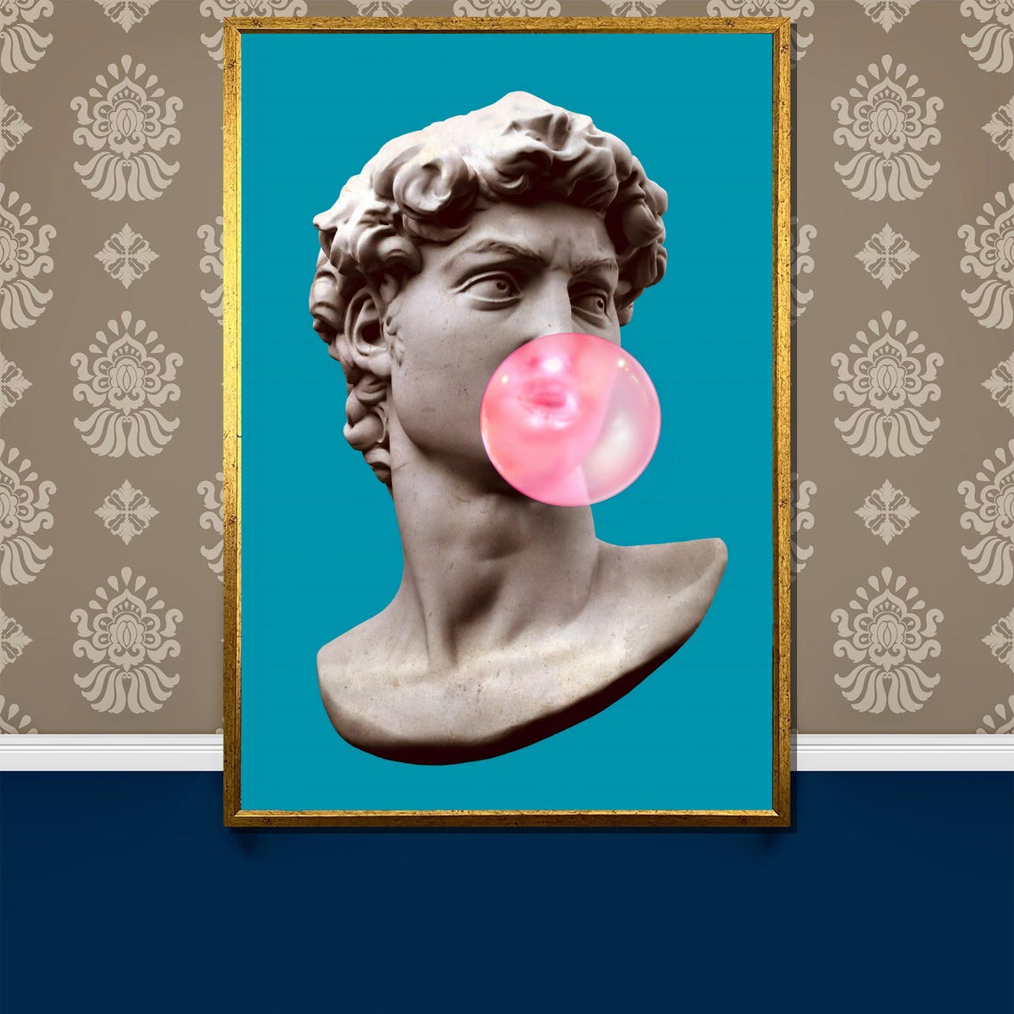David Bust Pink Bubblegum Pop Art Teal Cheeky Modern Elegant Poster