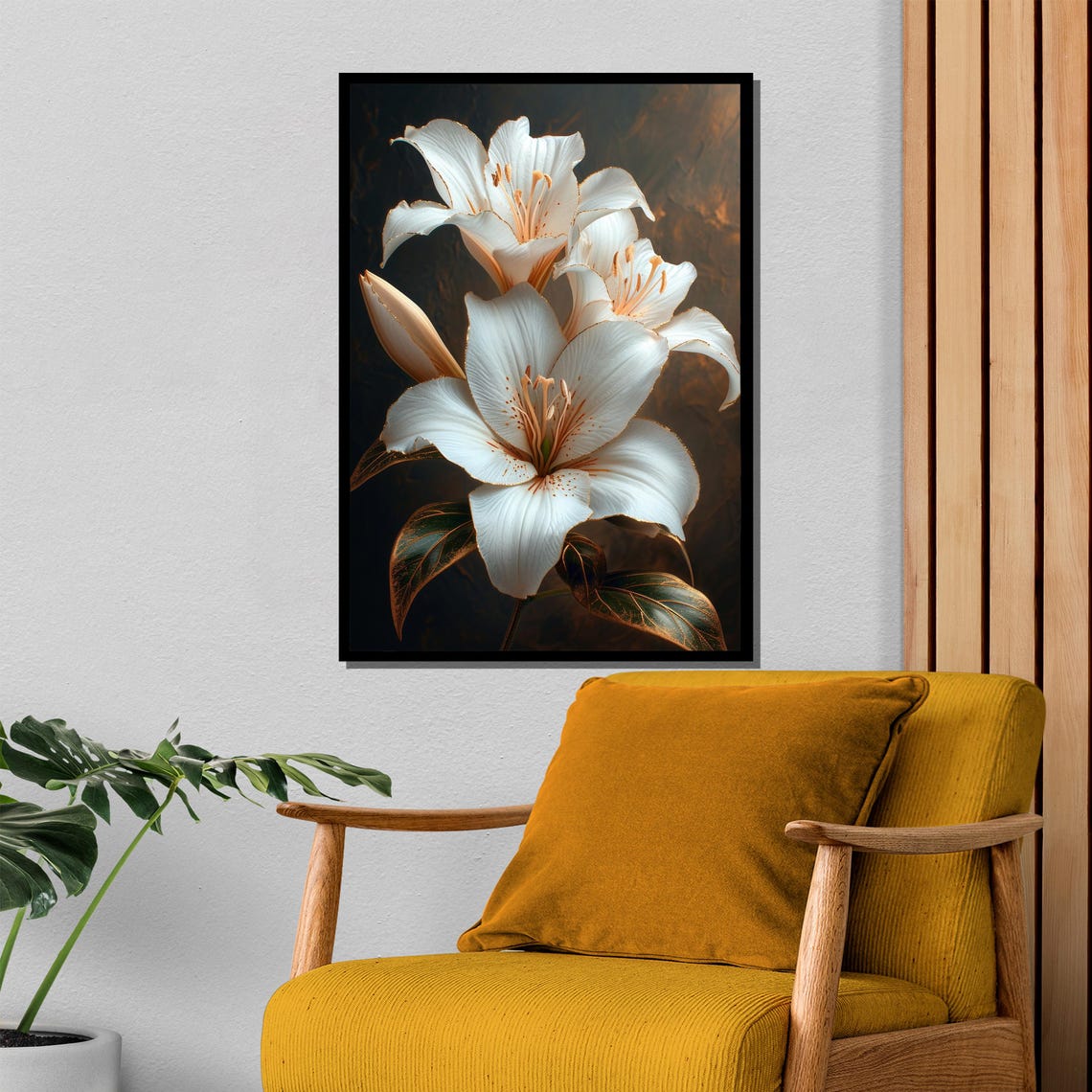 Elegant White Lily Flowers Dark Background Botanical Art Poster - Image 4