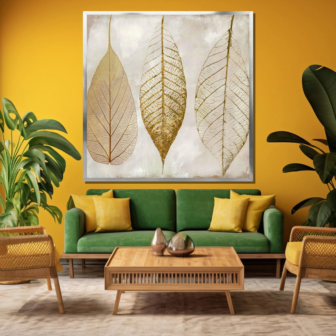 Three Golden Skeleton Leaves on a Cream Minimalist Art Poster - Image 3
