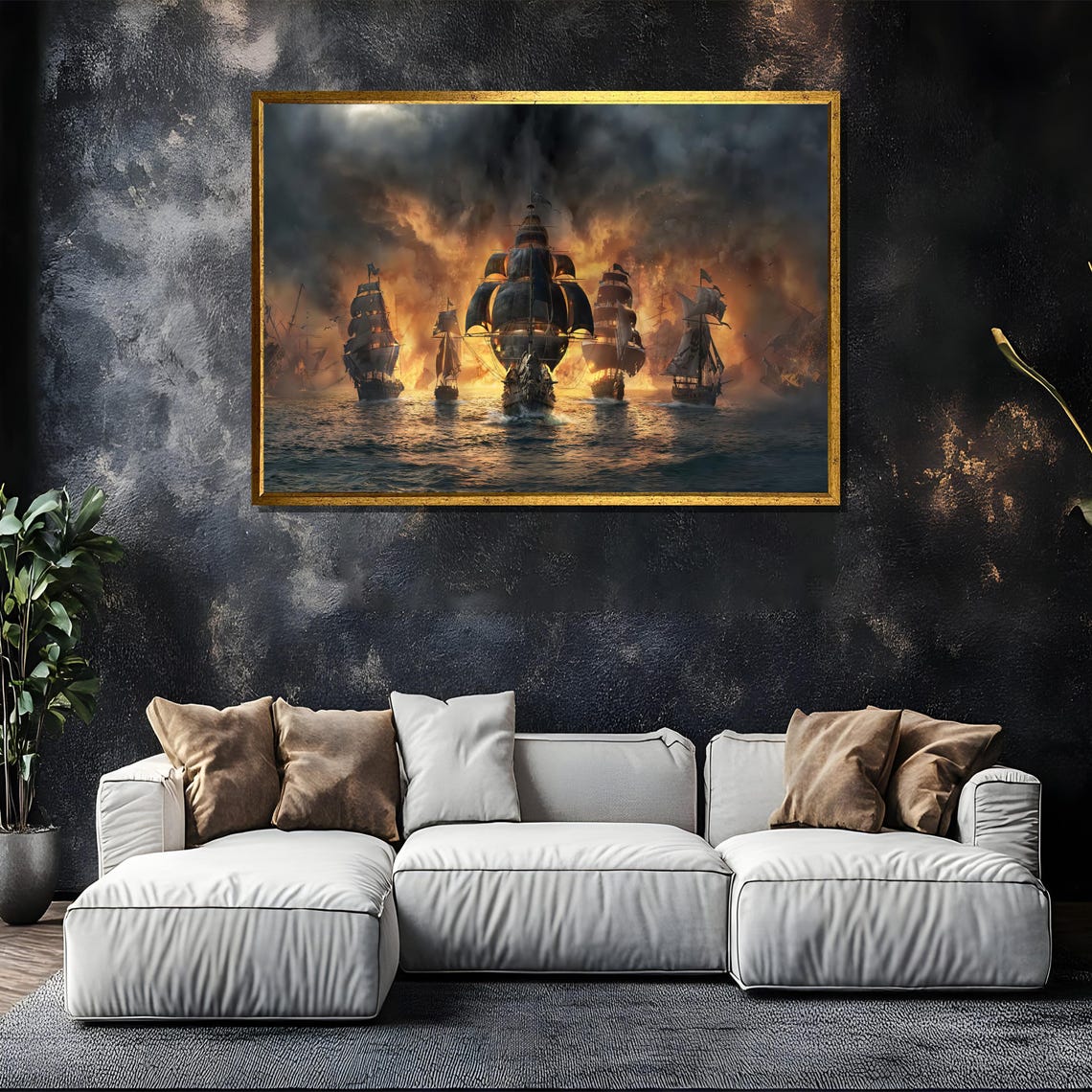 Epic Naval Battle Painting Dramatic Fiery Ship Scene Art Gift For Historical War Enthusiasts And Bold Wall Decor - Image 5