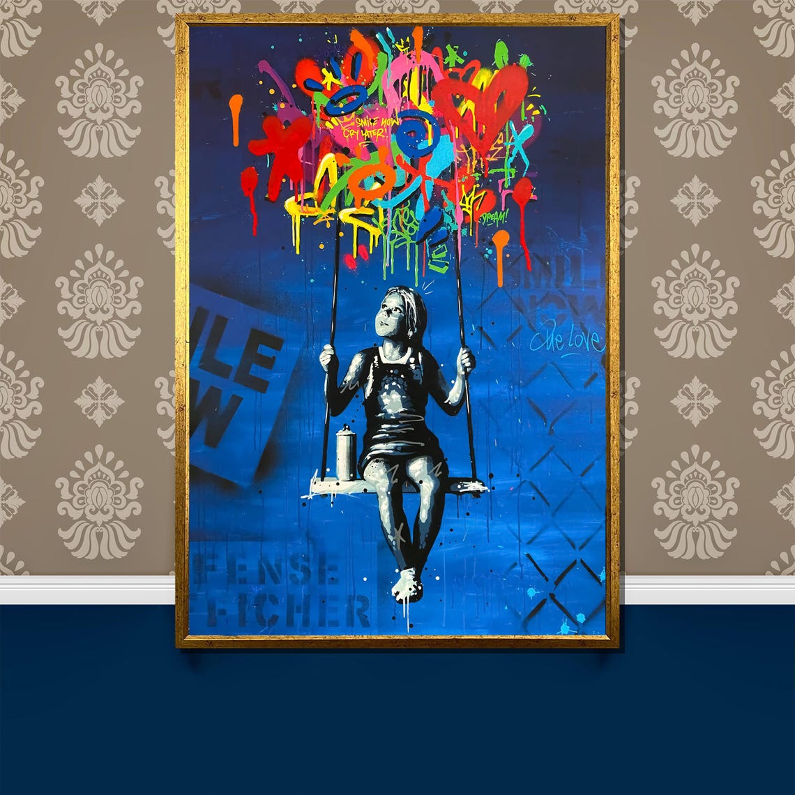 Banksy Style Girl On Swing With Graffiti Balloon Blue Art Poster