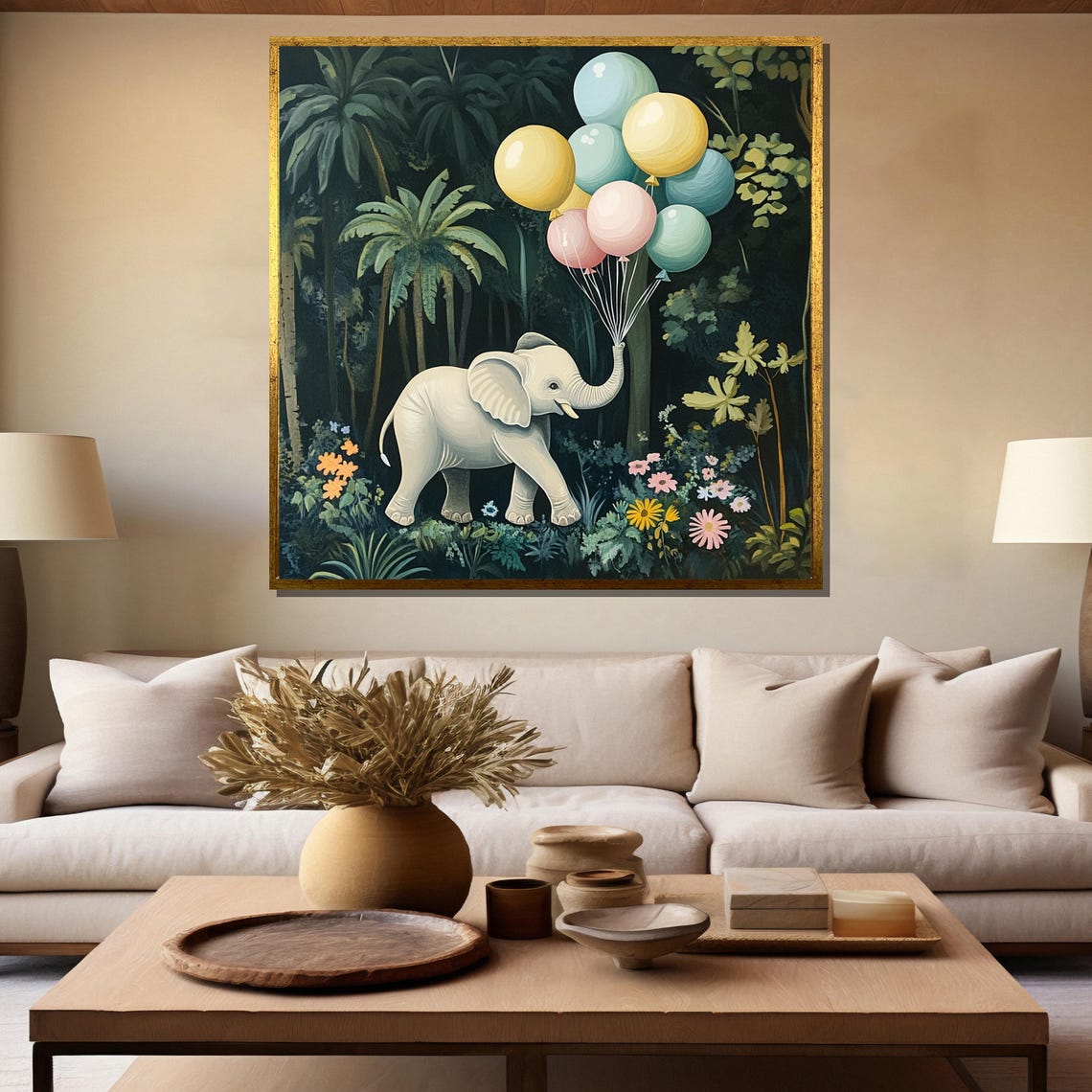 Adorable Baby Elephant Holding Pastel Balloons in Jungle Poster - Image 5
