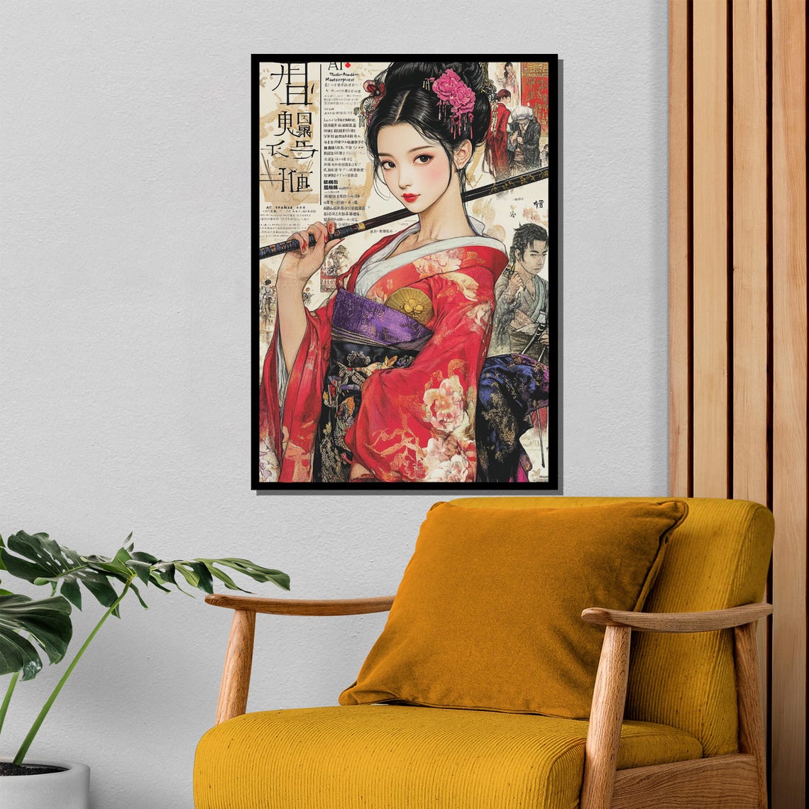 Anime Geisha Warrior In Red Floral Kimono Manga Collage Art Poster - Image 4