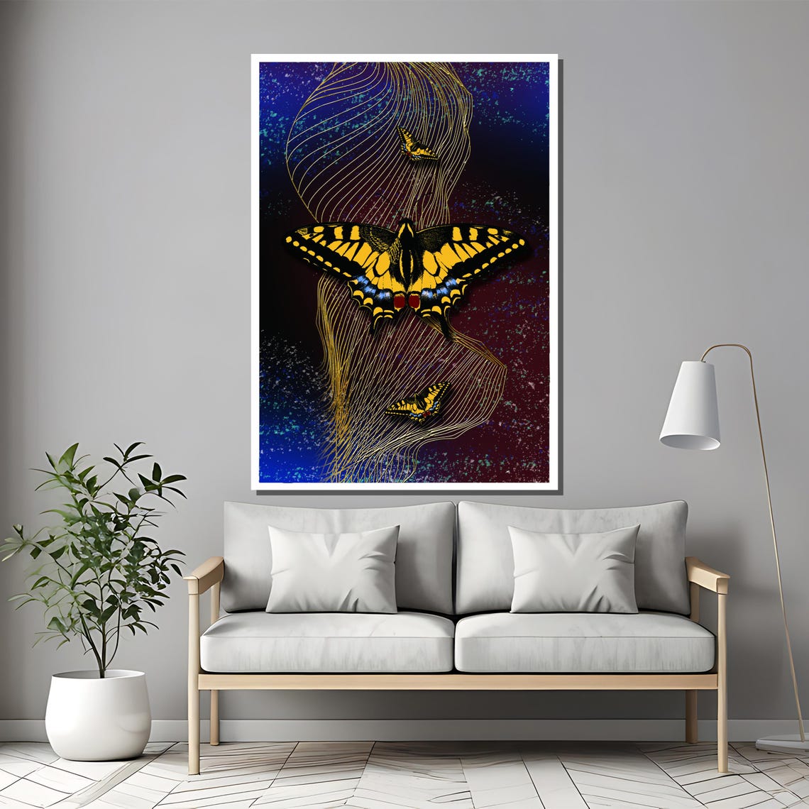 Yellow Swallowtail Butterflies Over Midnight Blue Art Poster - Image 2