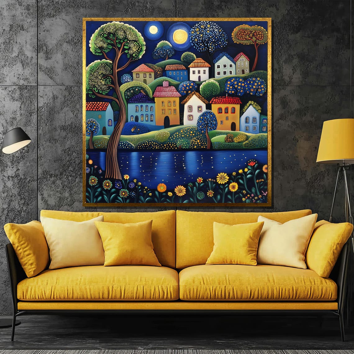 Moonlit Fairytale Village by the Lake in Folk Art Style Poster - Image 4