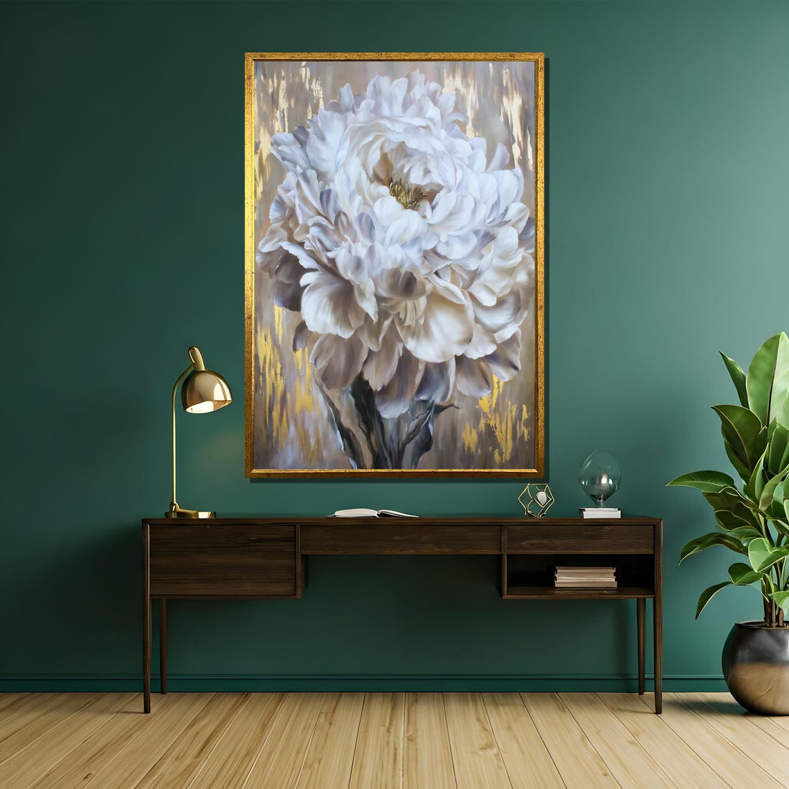 White Peony Bloom with a Gold Accent Background Floral Poster - Image 5