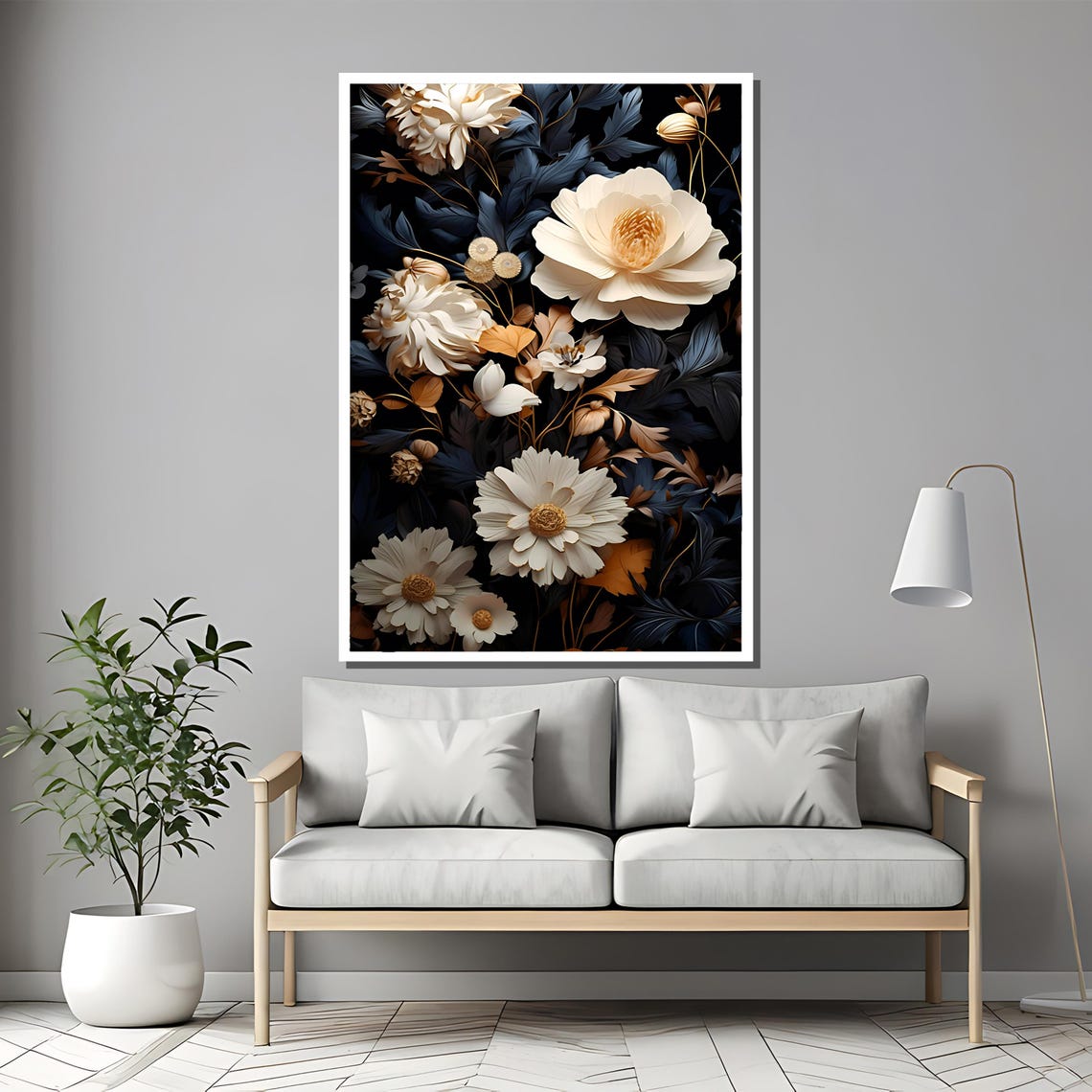 Cream Flowers with Navy Foliage on a Black Background Poster - Image 2