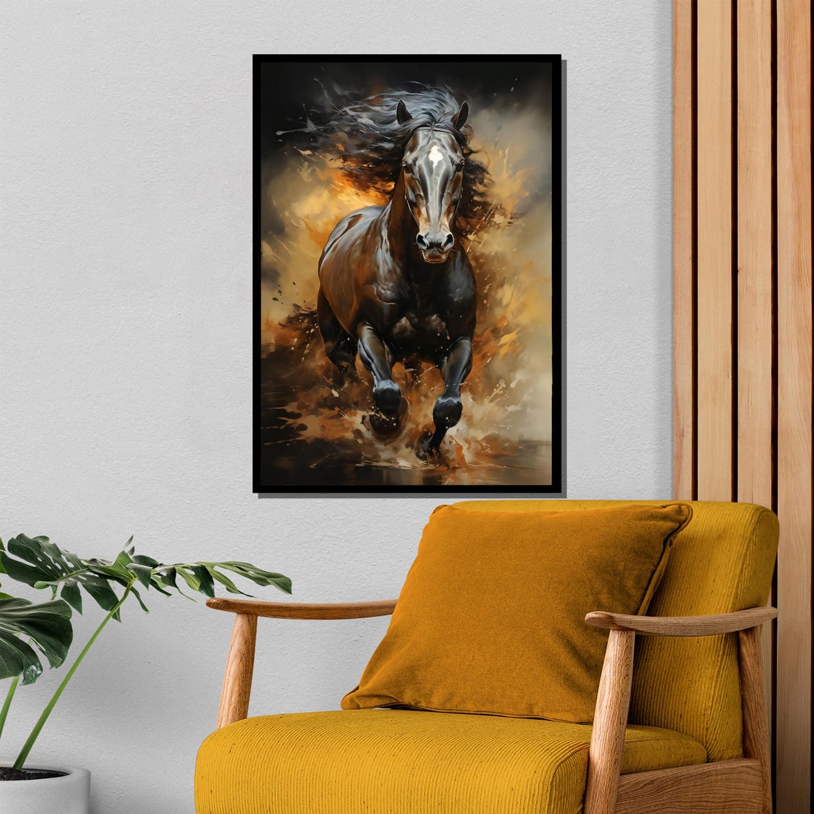 Black Stallion Running Through Fiery Golden Light Art Wall Poster - Image 4