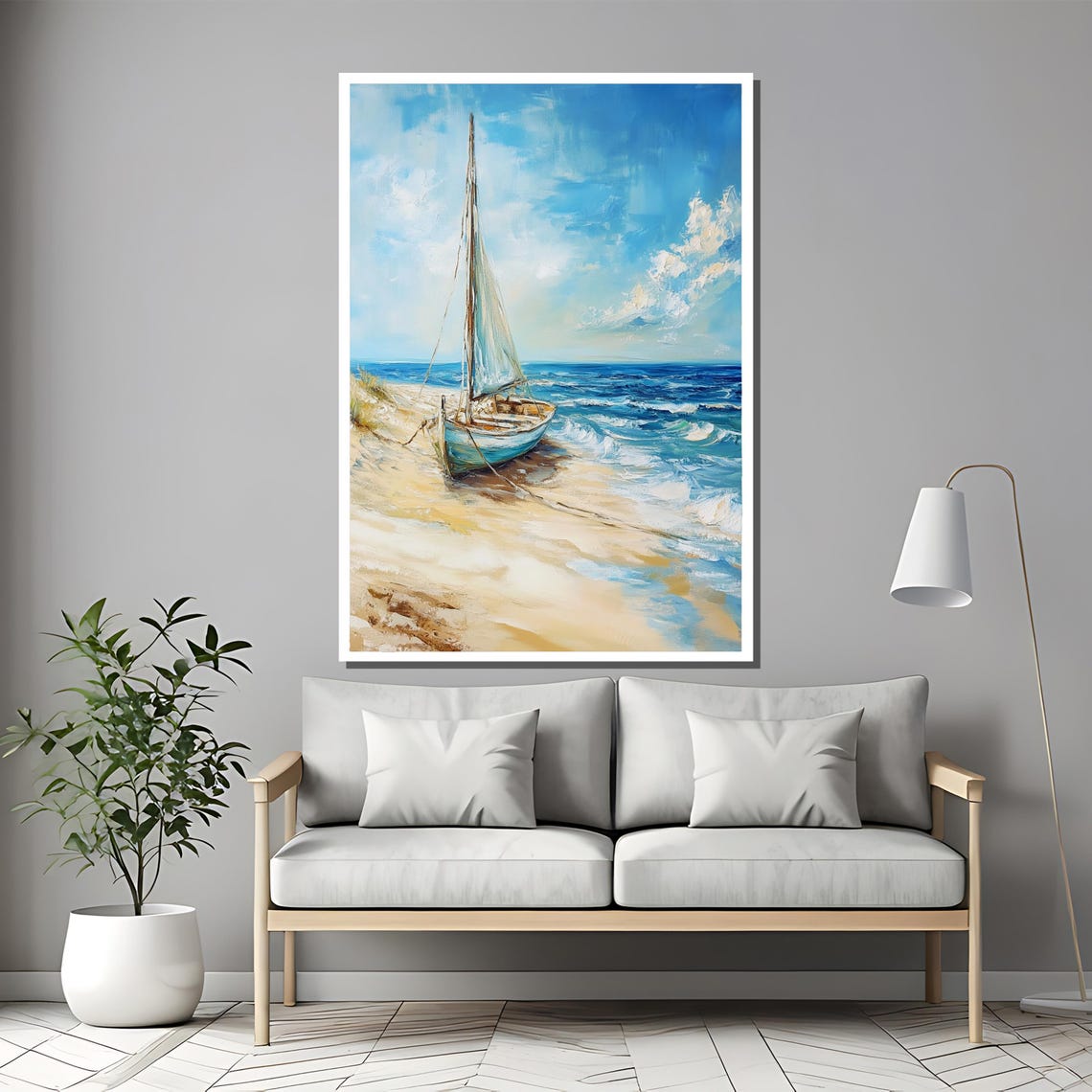 Tranquil Beach Painting With Abandoned Sailboat Coastal Seascape Artwork For Nautical Themed Wall Decor Gift - Image 2