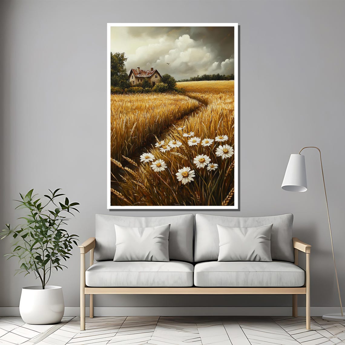 Golden Wheat Field Farmhouse Path with Daisies Painting Poster - Image 2