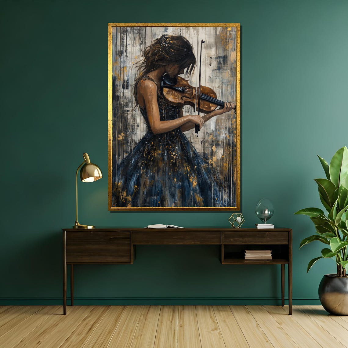 Violinist Woman in Dark Gown with Gold Accents Painting Poster - Image 5