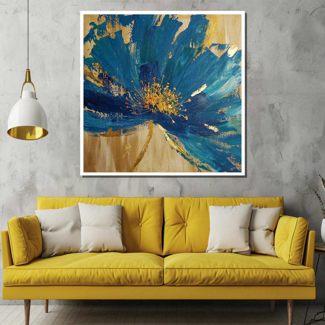 Abstract Blue Flower With Gold Center Modern Floral Art Poster - Image 2