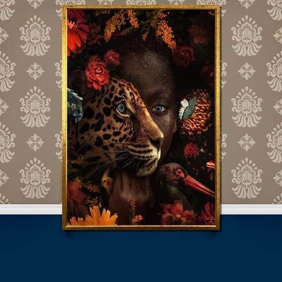 Surreal Leopard And Woman Fusion In A Floral Dreamscape Poster