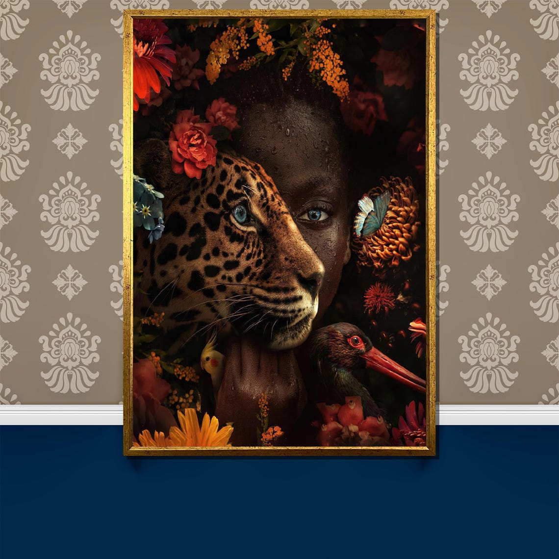 Surreal Leopard And Woman Fusion In A Floral Dreamscape Poster