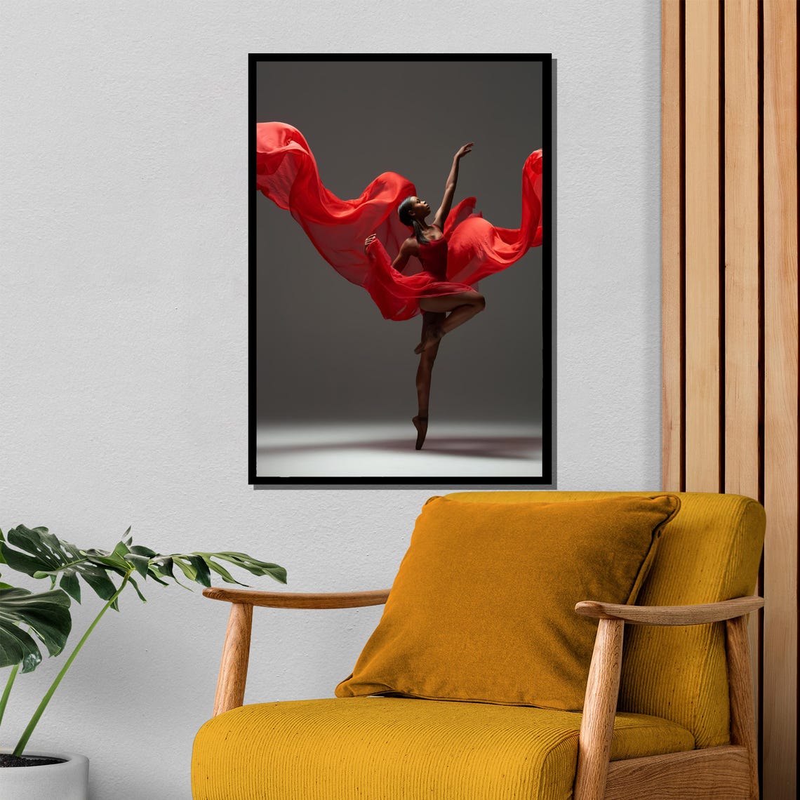 Ballerina on Pointe with Flowing Red Silk Fabric Studio Photo Poster - Image 4
