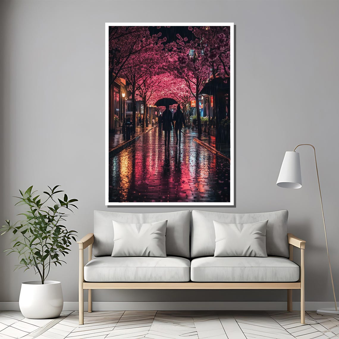 Cherry Blossom Rain Night Couple Under Umbrella City Street Poster - Image 2