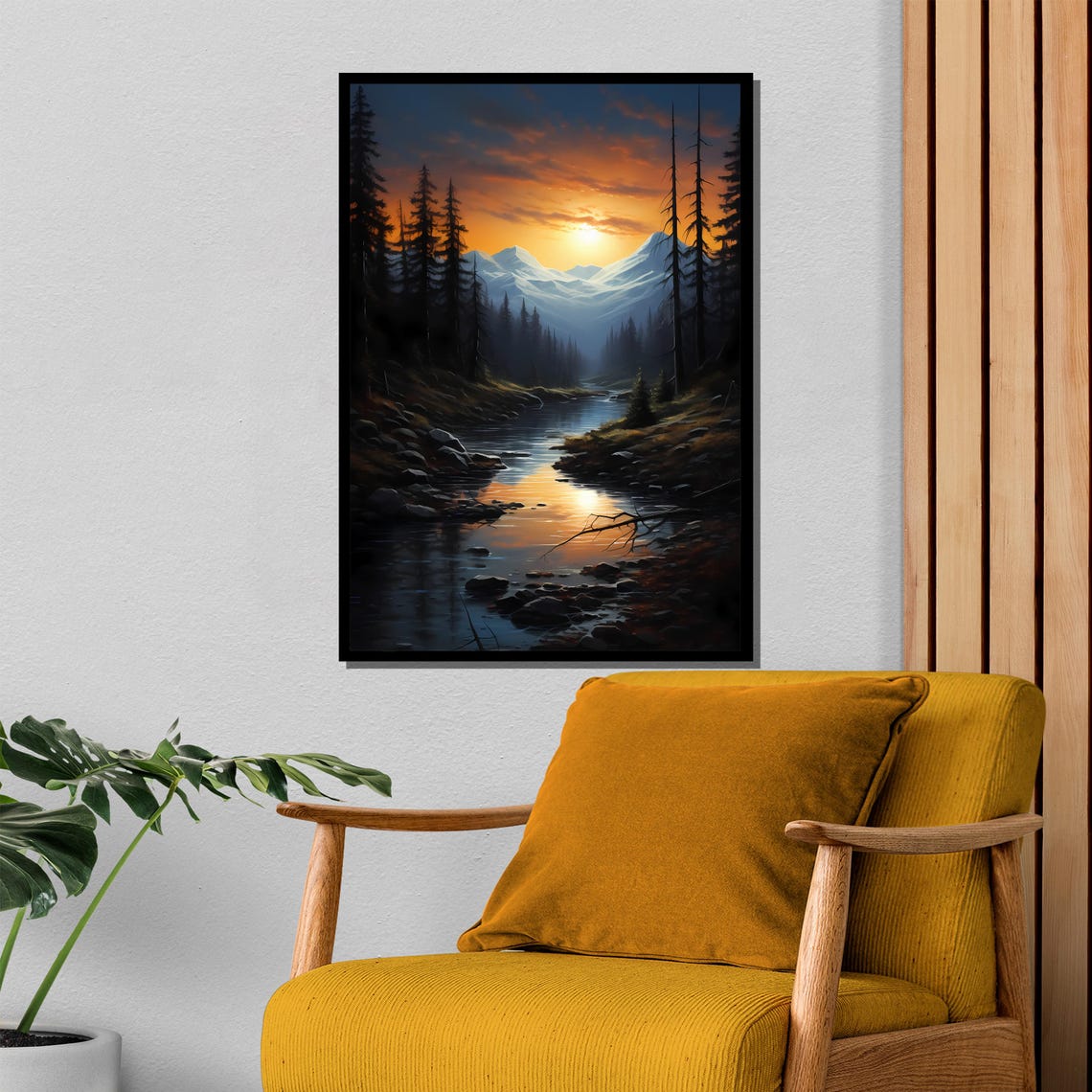 Tranquil Sunset Over Mountain Stream Painting Scenic Wilderness Landscape Peaceful Forest Art Perfect Nature Gift For Wall Decor - Image 4