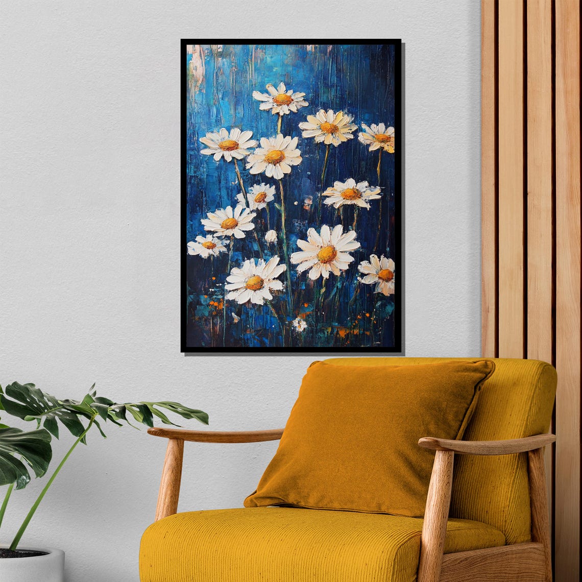 White Daisies on a Dark Blue Impasto Textured Floral Painting Poster - Image 4