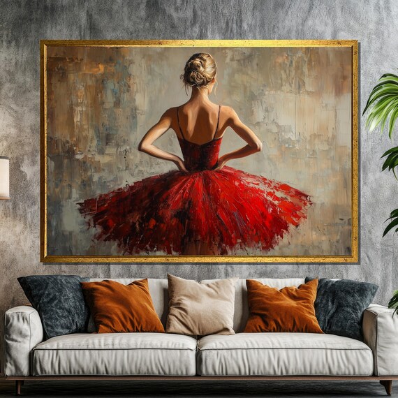 Red Ballerina Seen From Back Crimson Tutu Oil Painting Poster