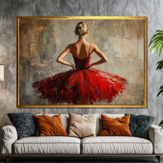 Striking Red Ballerina Painting Back Pose Ballet Wall Art Gift For Dance Enthusiasts And Modern Home Decor