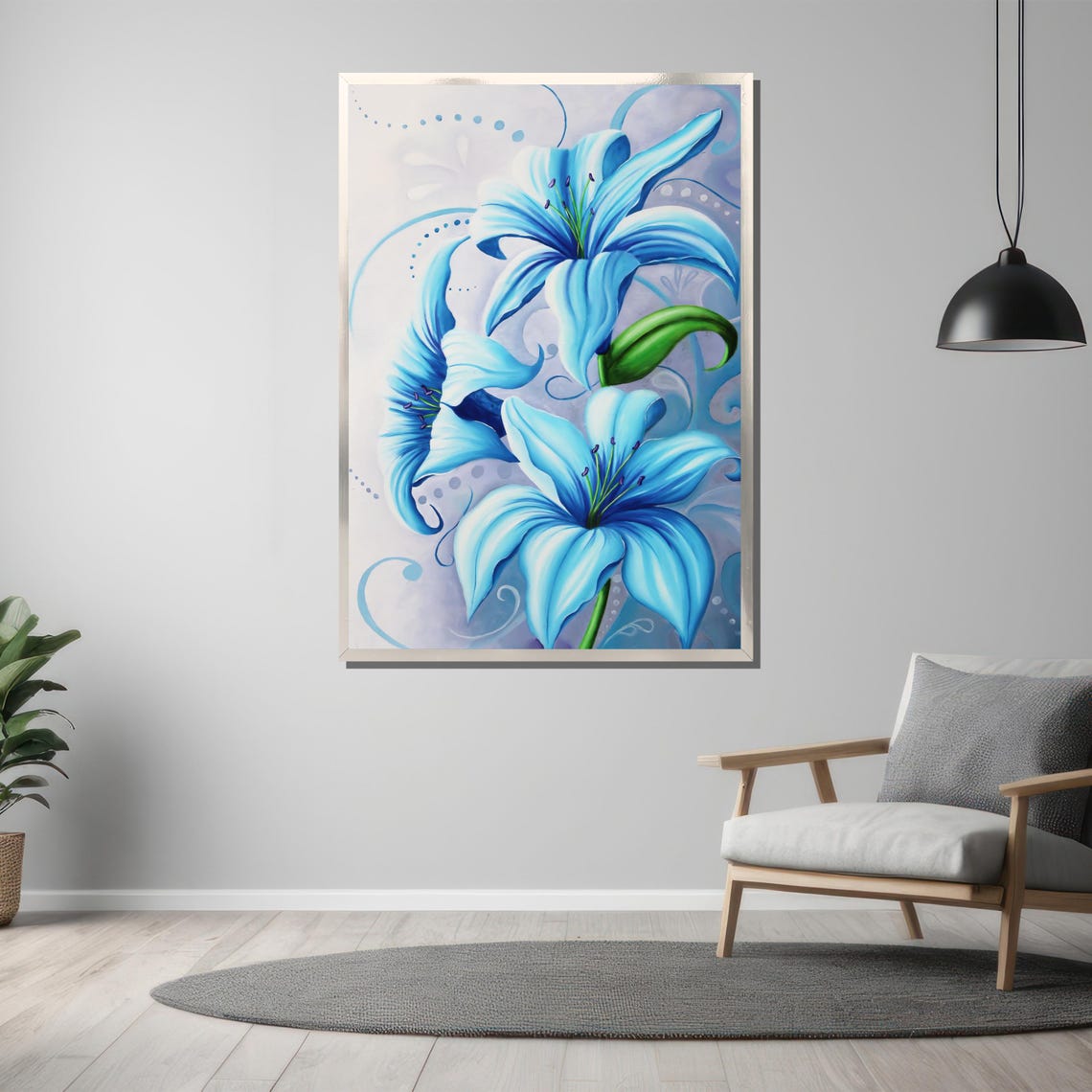 Elegant Blue Lily Stylized Floral Swirl Light Blue Art Poster - Image 3