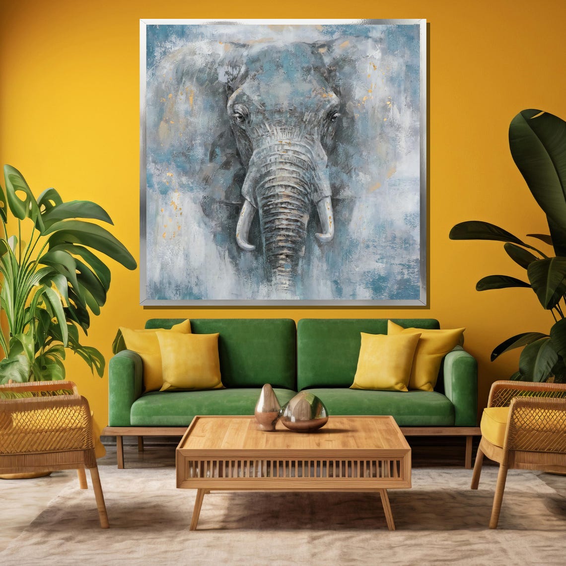 Elephant Portrait in Blue Gray with Gold Flecks Painting Poster - Image 3