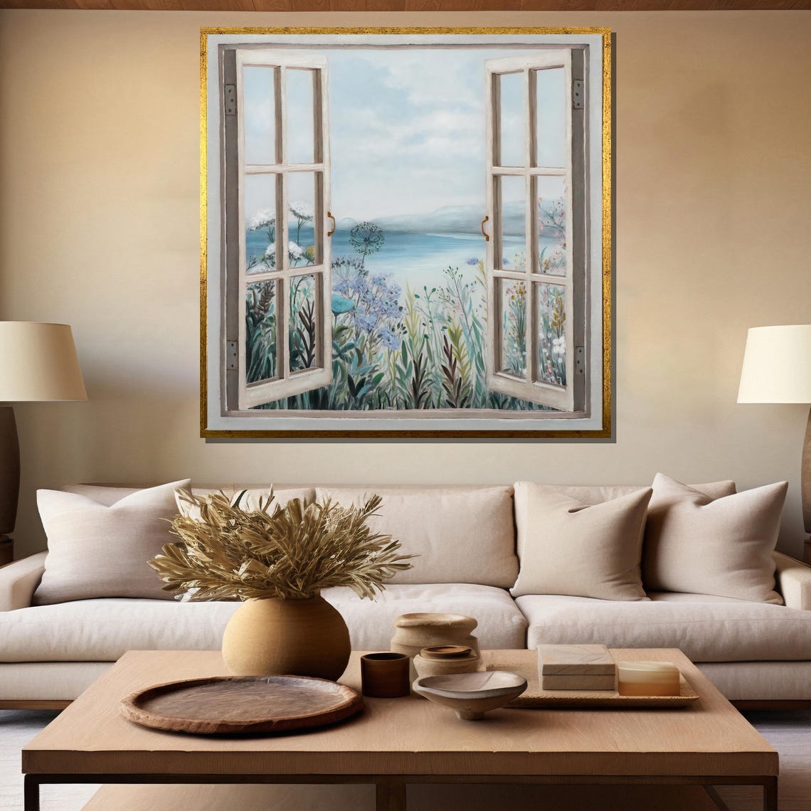 Open Window Lake Garden Wildflowers Serene View Landscape Poster - Image 5