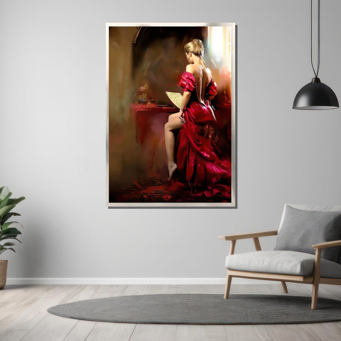 Elegant Lady In Red Gown Seated Romantic Oil Painting Poster - Image 3