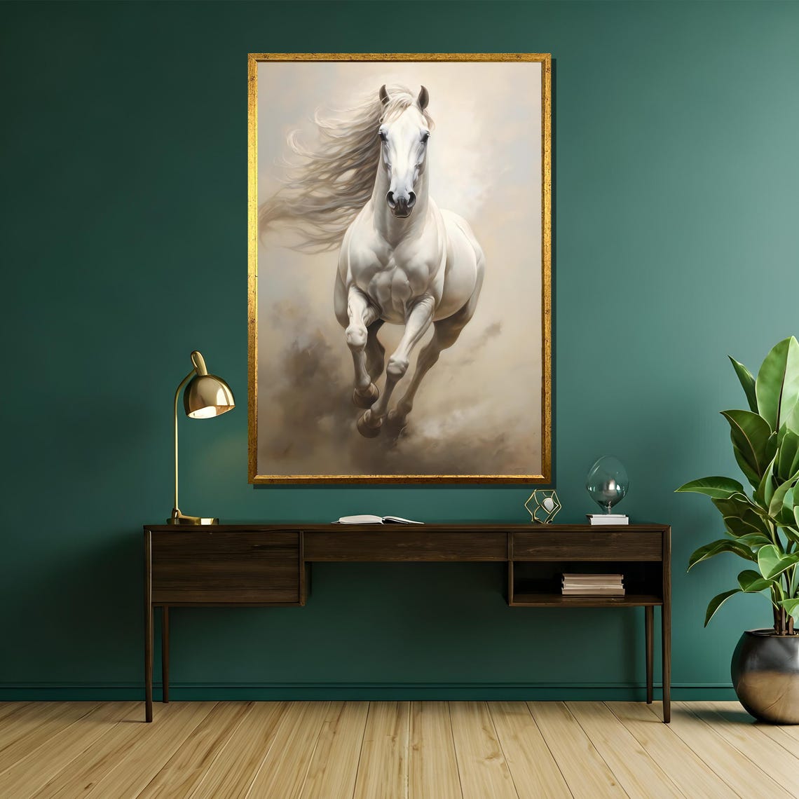 Graceful White Horse Galloping With Flowing Mane In Mist Poster - Image 5