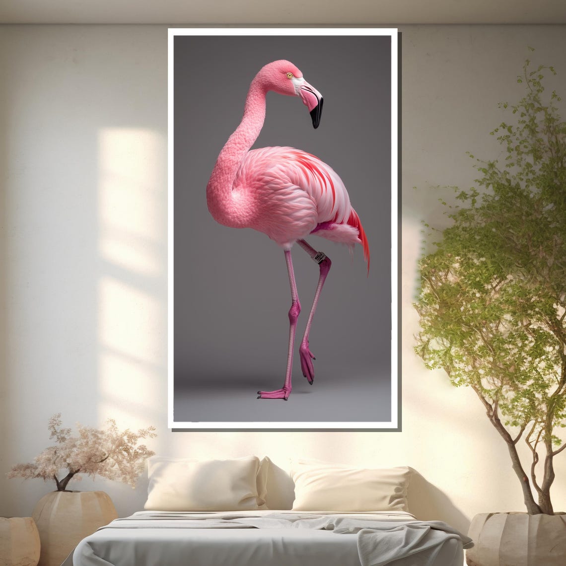 Rosy Grace Pink Flamingo Standing Tall Against Grey Wall Poster - Image 2