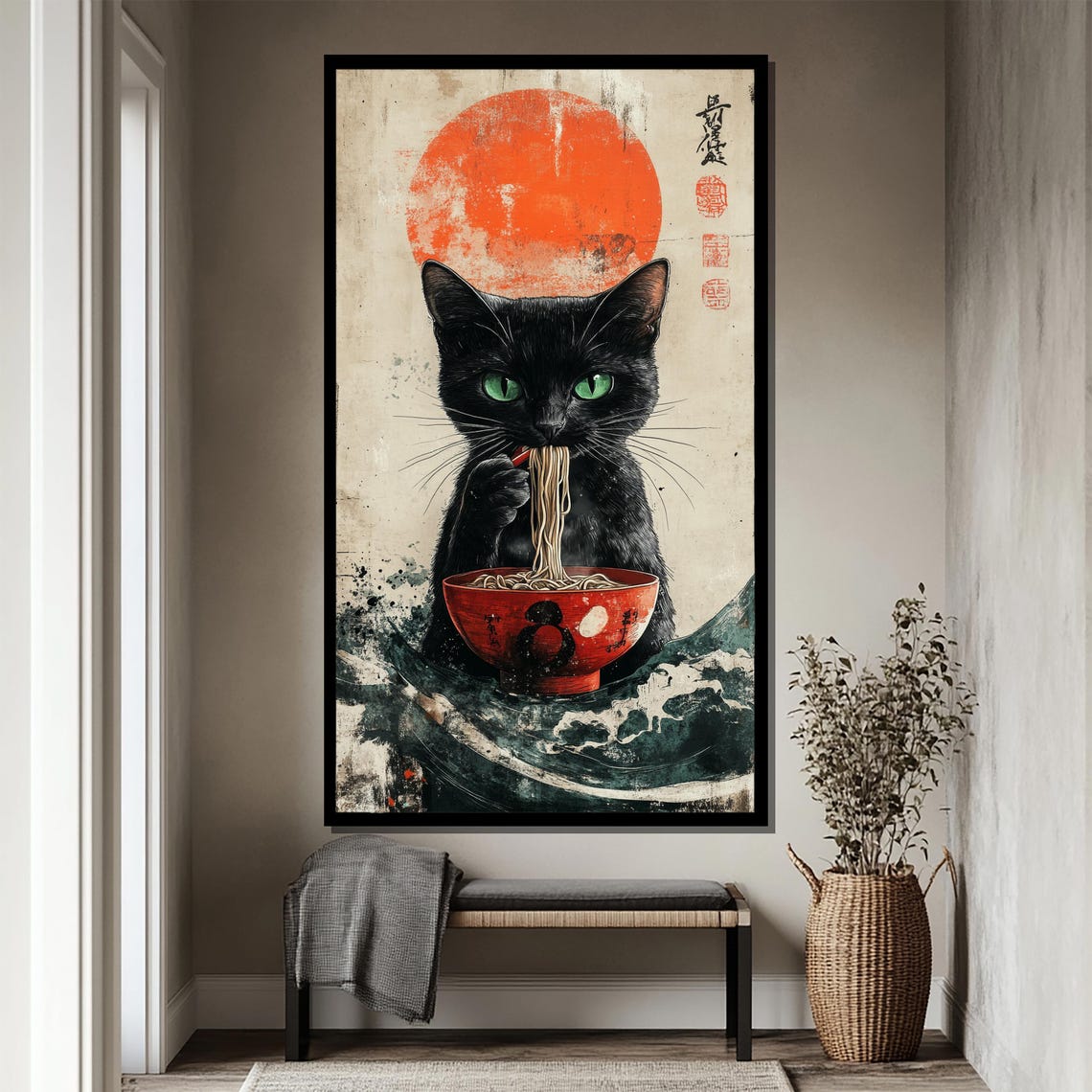 Japanese Black Cat Eating Ramen Red Sun Funny Playful Art Poster - Image 4