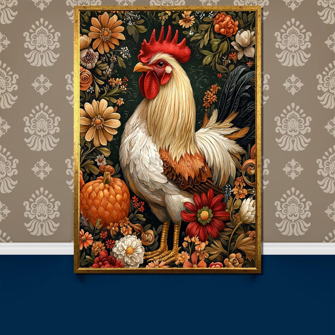 Rustic Rooster With Autumn Flowers Pumpkin Farmhouse Art Poster