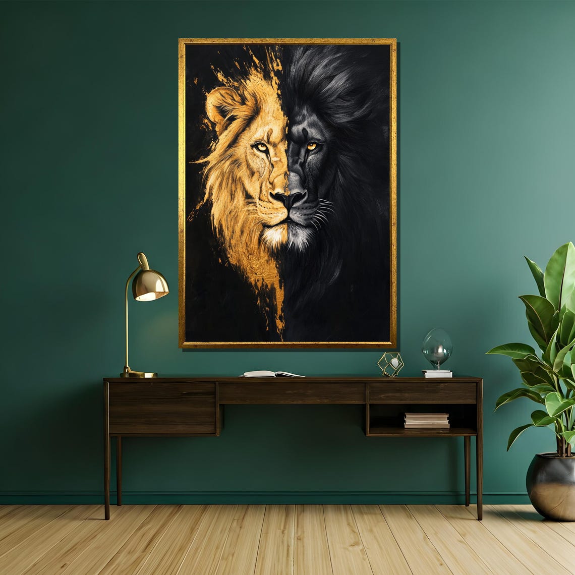 Lion Duality Gold and Black Split Face Dramatic Artwork Poster - Image 5
